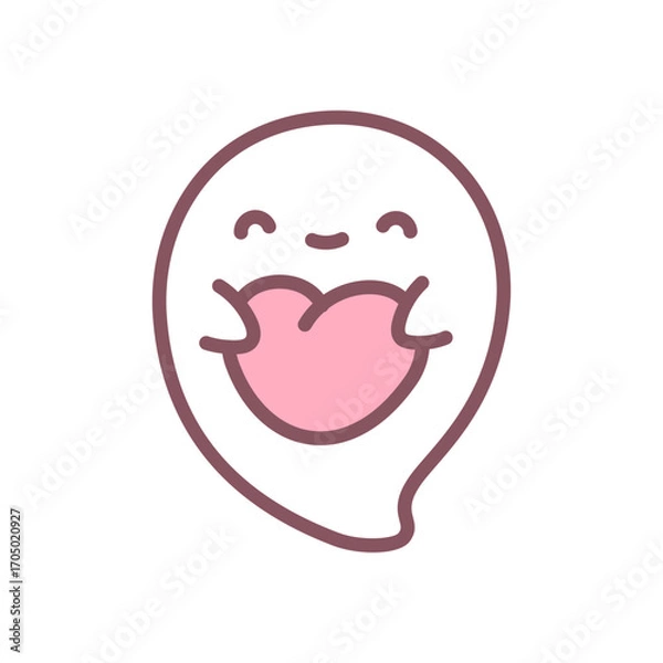 Fototapeta Cute ghost icon. Funny little ghost character holding big heart in hands. Doodle illustration isolated on white background. Kawaii sticker. Vector 10 EPS.