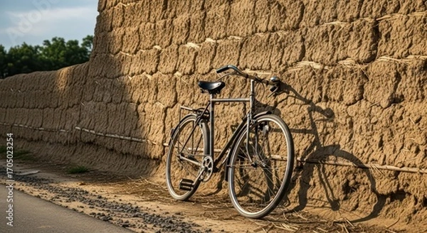 Obraz Vintage Bicycle Leaning Against Textured Mud Wall in Warm Sunlight