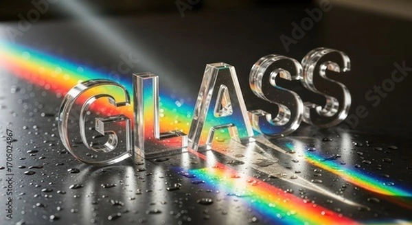 Obraz Transparent Glass Letters with Rainbow Light and Water Droplets on Surface