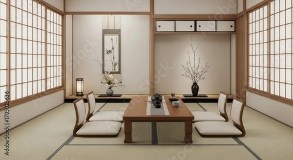 Obraz Tranquil Japanese Tea Room Interior with Minimalist Design and Floral Arrangements