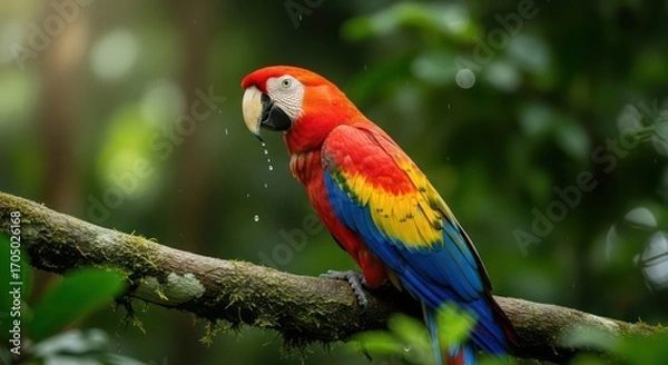 Obraz Vivid Scarlet Macaw Perched on Mossy Branch with Water Droplets