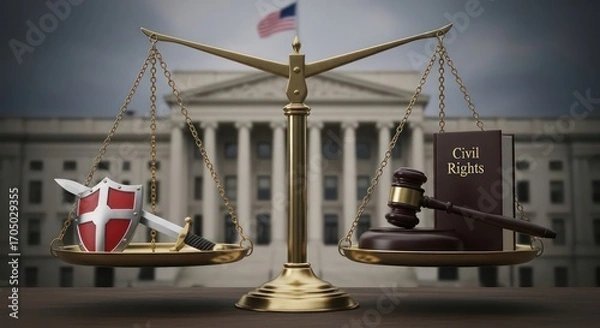 Obraz Scales of Justice: Civil Rights Book, Gavel, Shield, and Sword with American Flag