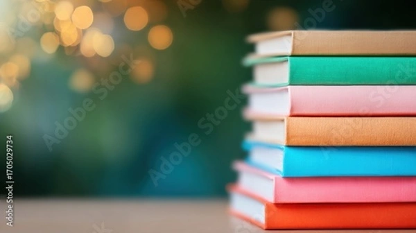 Fototapeta Stacked colorful books on a wooden table with a blurred background