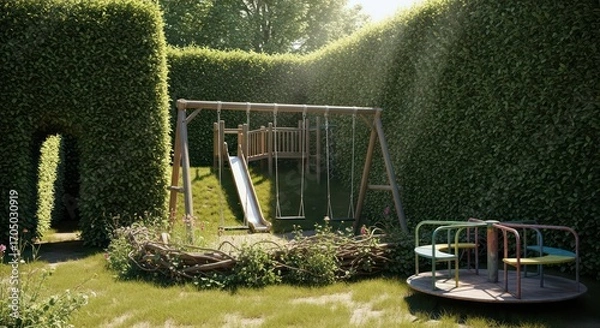 Obraz Playground Hidden in a Green Maze: Swings, Slide, and Merry-Go-Round in a Secluded Garden