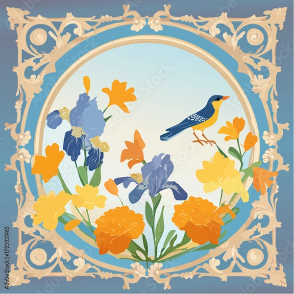 Fototapeta Vector classic vintage illustration of rich baroque frame, aesthetic elements, elegant pattern, irises, marigolds and bird for greeting card, wedding invitation or background