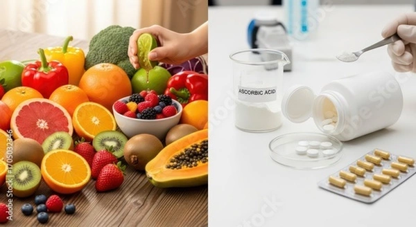 Obraz Fresh Fruits and Vitamin C Supplements: A Healthy Lifestyle Concept