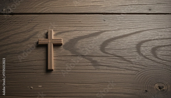Fototapeta A crucifix on an old wooden background with copy space. 