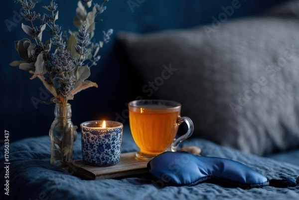 Obraz Cozy evening scene with candle, tea, and eye mask on bed
