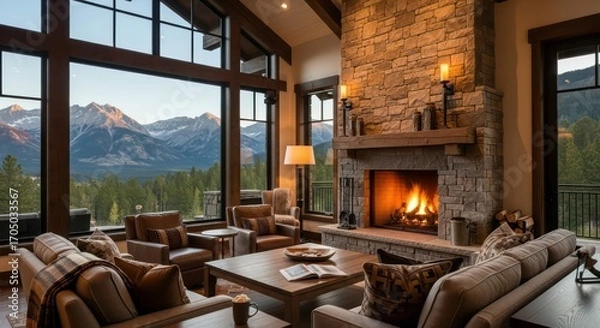 Obraz Cozy Mountain Lodge Interior with Fireplace, Windows, and Scenic Views