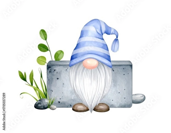 Obraz Cute gnome behind a gray stone