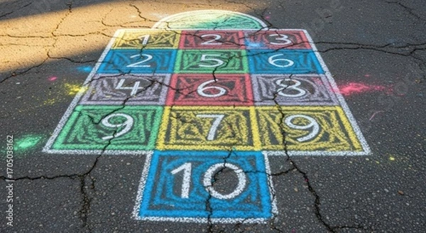 Obraz Colorful Hopscotch Game Drawn on Cracked Asphalt with Bright Sunlight and Shadows