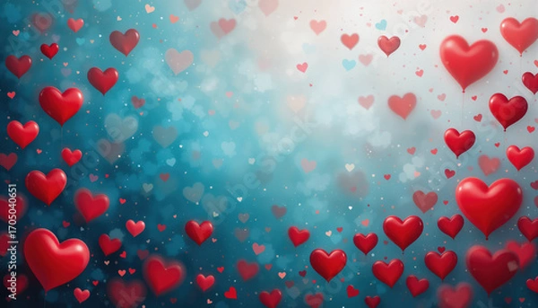 Fototapeta Valentine's day background with red hearts and copy space. 