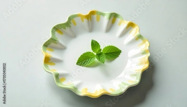 Obraz  a white plate with a green and yellow ruffled edge, created with generative ai