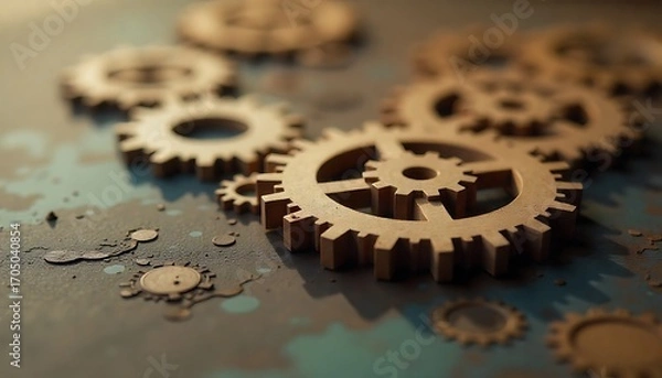 Obraz metallic gears and mechanical parts is laid out on a white background, using a shallow depth of field to craft an artistic industrial scene, created with generative ai