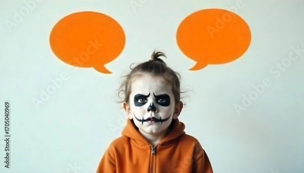 Obraz a child dressed as halloween boo with a serious expression, Halloween costumes, created with generative ai