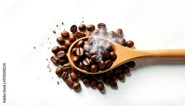Obraz a wooden spoon filled with coffee beans on a white background, created with generative ai