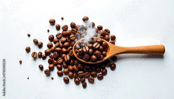 Obraz a wooden spoon filled with coffee beans on a white background, created with generative ai
