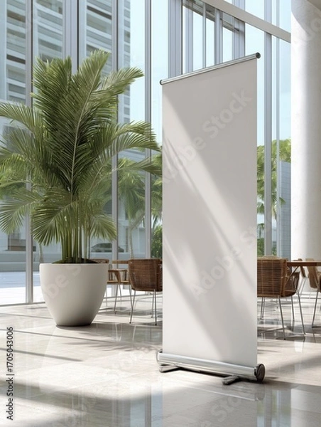 Fototapeta Blank pull up banner stand mockup in bright modern office entrance with tropical seating and plant background clean advertising display template