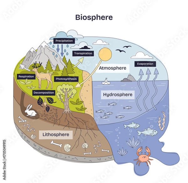Fototapeta Biosphere diagram shows interactions between atmosphere, hydrosphere, and lithosphere with animals, plants, and water. Doodle style diagram