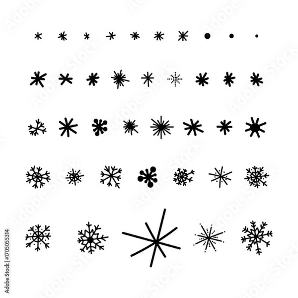 Fototapeta Snowflakes are hand-drawn with a marker, a set of icons, a snow sign, Christmas, isolated on a white background, vector illustration. A symbol of winter, a festive element for decoration, design