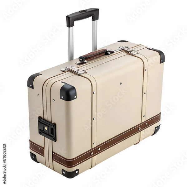 Fototapeta Vintage cream suitcase with retractable handle isolated on white background