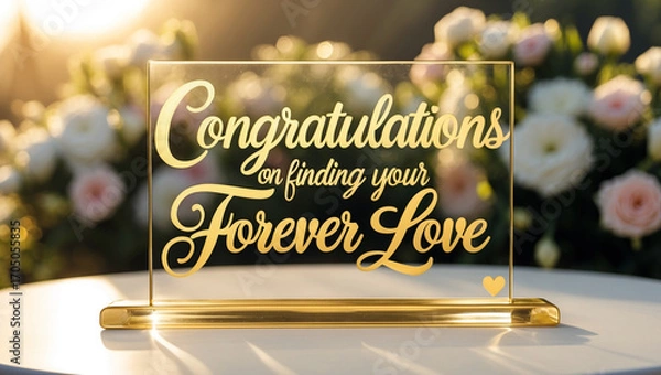 Fototapeta A golden text “ Congratulations on finding your forever love” on golden sign in elegant calligraphy. The sign sits on a white table