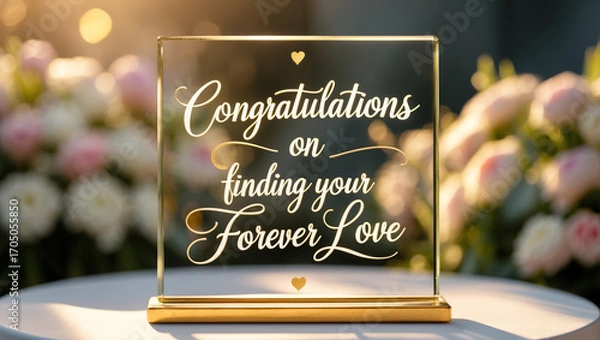 Fototapeta A golden text “ Congratulations on finding your forever love” on golden sign in elegant calligraphy. The sign sits on a white table