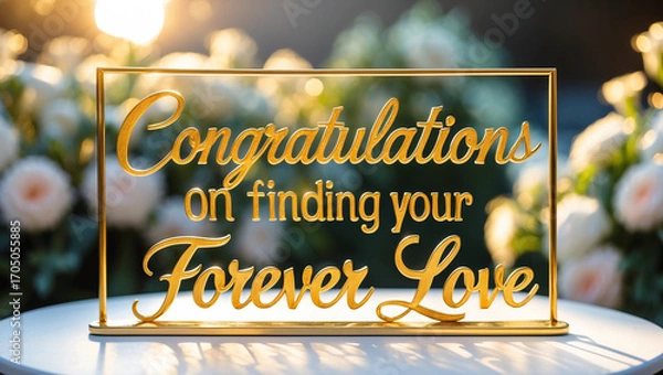 Fototapeta A golden text “ Congratulations on finding your forever love” on golden sign in elegant calligraphy. The sign sits on a white table