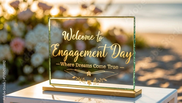 Fototapeta A golden text “ Welcome to our engagement day  where dreams come true.” on golden glass sign in elegant calligraphy. 