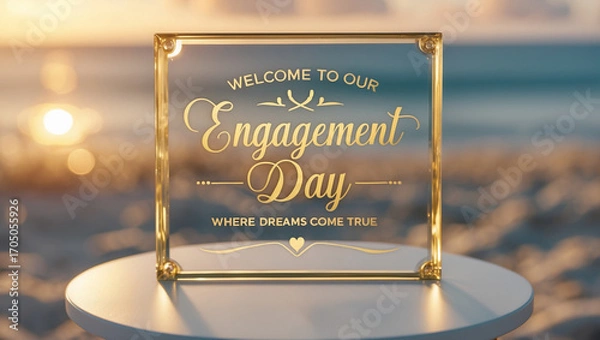 Fototapeta A golden text “Welcome to our engagement day  where dreams come true.” on golden glass sign in elegant calligraphy. 