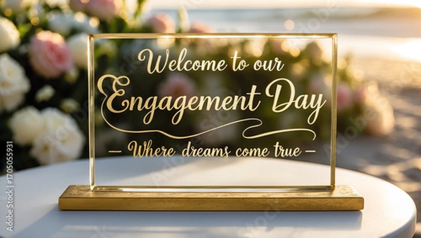 Fototapeta A golden text “Welcome to our engagement day  where dreams come true.” on golden glass sign in elegant calligraphy. 
