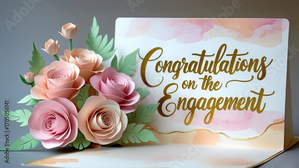 Fototapeta engagement pop up card design featuring a delicate pastel bouquet of soft pink and pale peach roses 