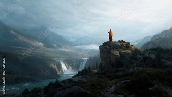 Fototapeta Monk in the orange robes in a hidden valley in the Himalayas, breathtaking view