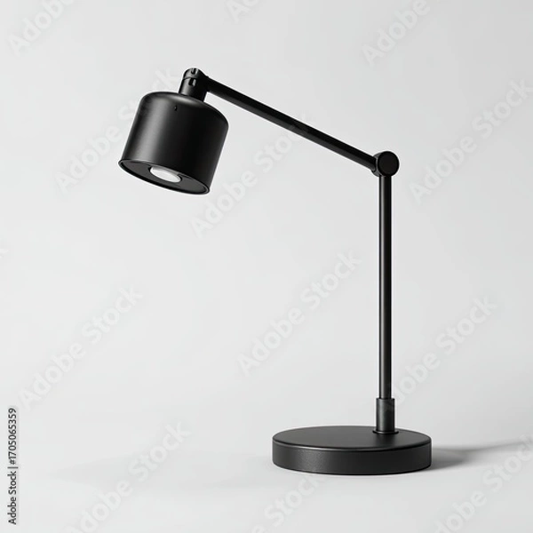 Fototapeta Sleek, black, adjustable desk lamp.  Simple, modern design.  Rounded, metal components.  Studio shot, white background