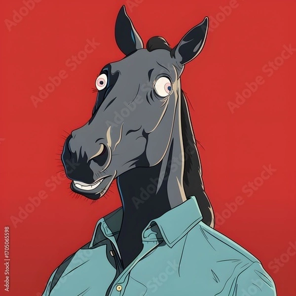 Fototapeta Horse in Red Background — Elegant horse character dressed like a person, bold red portrait with strong personality