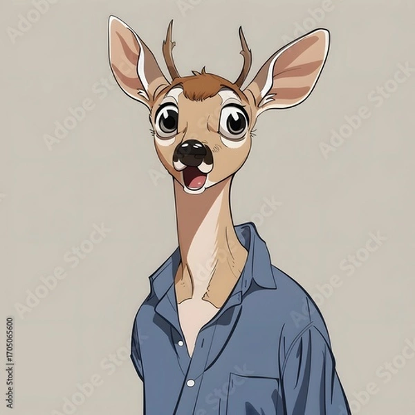 Fototapeta Cute Deer Portrait — Gentle deer character with kind eyes, charming anthropomorphic illustration in soft tones