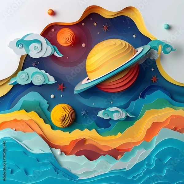 Fototapeta Solar System Art — Whimsical space landscape with colorful planets and waves, imaginative cosmic artwork