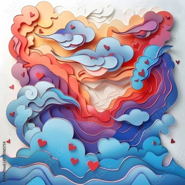 Fototapeta Paper Landscape Village — Delicate layered paper-style art of oriental landscape with temples and trees