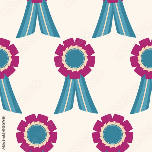 Obraz Seamless pattern with rosette badges. Ribbon winner rosette in repeat print. Ranking badges, prize emblems, awards for success for background