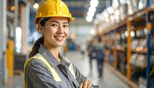 Fototapeta Smiling woman in a yellow hard hat and safety vest, standing in a warehouse aisle. Shelves are visible in the background