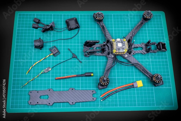 Fototapeta Building a racing drone with all components separated on a mat. The quadcopter is ready to be assembled 