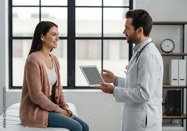 Fototapeta Doctor Explains Medical Information to Patient Using Tablet in Office Setting