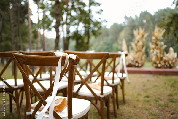 Obraz Rows of chairs with white bows prepared for wedding ceremony in forest location.