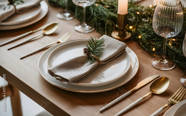 Fototapeta Elegant holiday table setting with white plates, gold cutlery, and festive pine decorations on a wooden table.