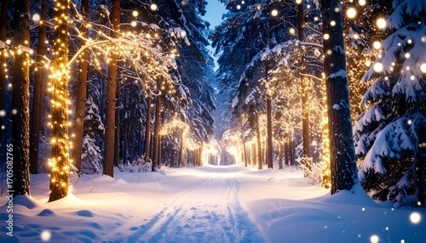 Fototapeta Snowy forest path illuminated by warm string lights, creating a magical, festive winter scene
