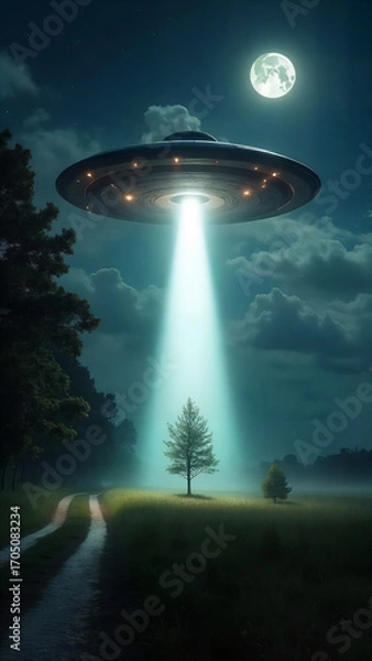Obraz A surreal and captivating night scene, a radiant unidentified flying object descends, casting a bright light beam over a solitary tree, with the moon, adding to the eerie ambiance of the sky. 