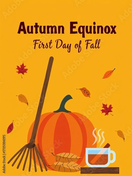 Fototapeta Autumn equinox first day of fall pumpkin rake and hot drink