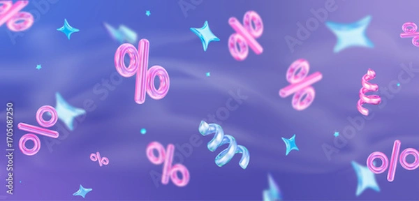 Fototapeta 3d flying neon percent signs with stars on holographic isolated background. Horizontal banner. Stock vector illustration.	
