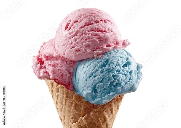 Fototapeta Two scoops of pink and blue ice cream in a waffle cone