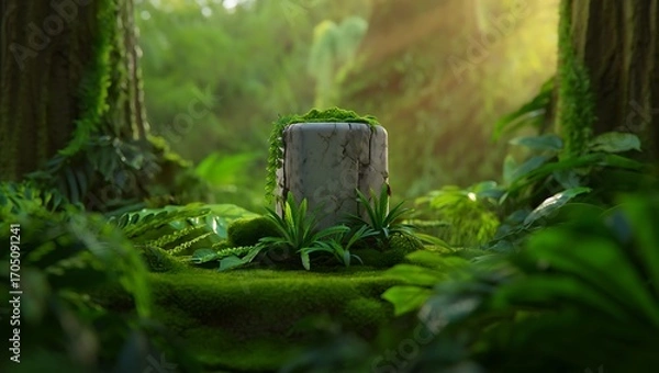 Fototapeta Natural Stone Pedestal Surrounded by Tropical Plants and Moss – Forest Background, Soft Sunlight, Atmospheric Lighting, Depth of Field, Jungle Scene, 3D Render or Realistic Photography